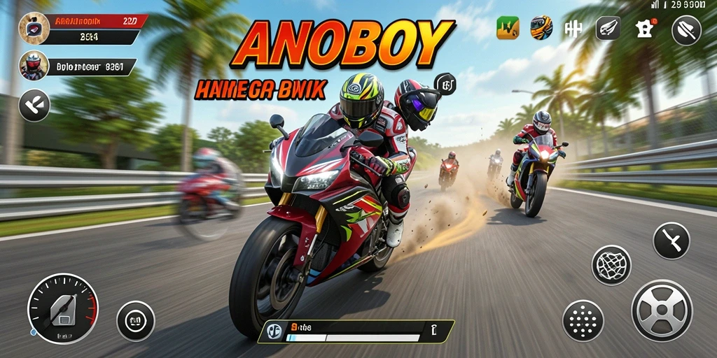 Tampilan gameplay ANOBOY menunjukkan aksi balap motor yang mendebarkan.