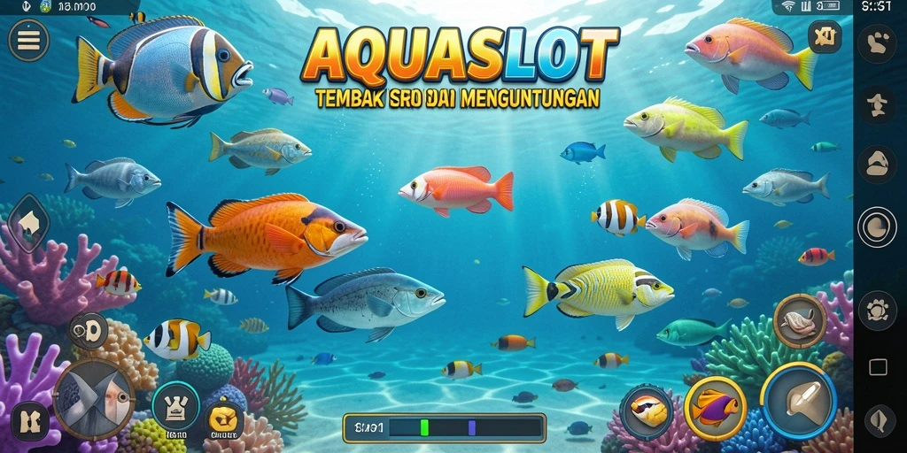 Screenshot gameplay AQUASLOT dengan keseruan menembak ikan.