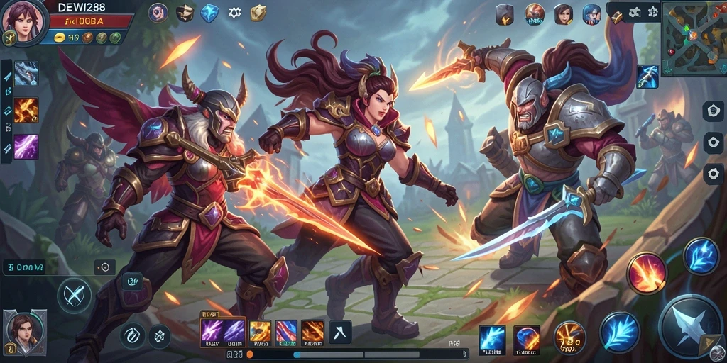 Tangkapan layar gameplay DEWI288 menunjukkan aksi MOBA yang mendebarkan.