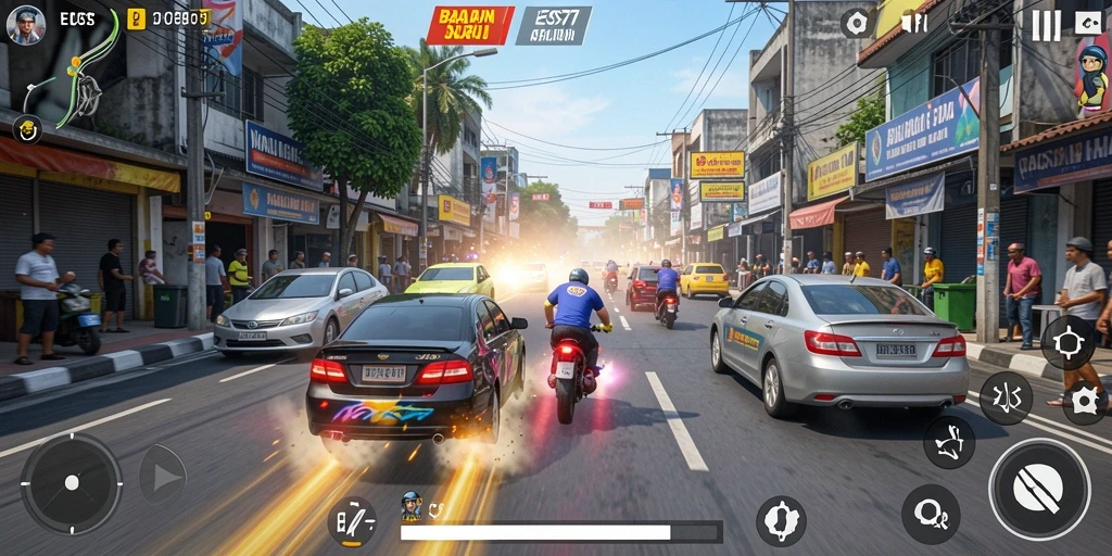 Gameplay seru dan mendebarkan dalam EOS77 saat balapan di jalanan.