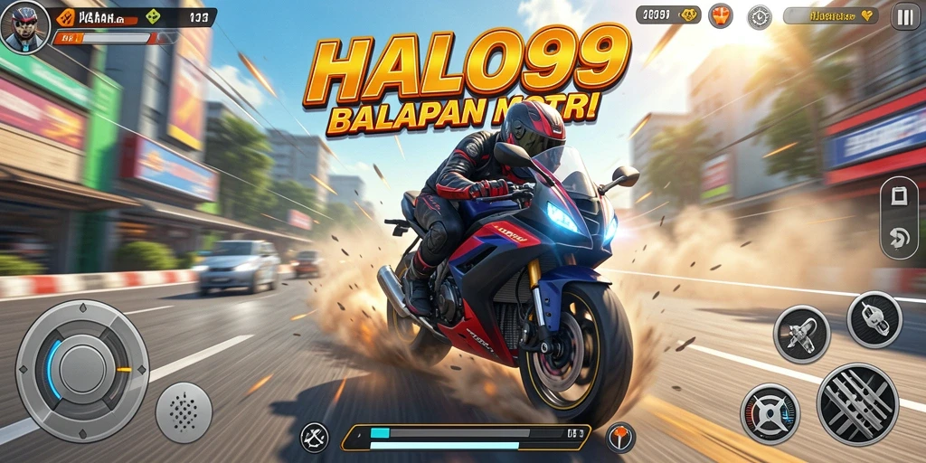 Screenshot gameplay menunjukkan aksi balap motor yang mendebarkan.