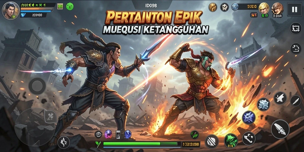 Screenshot gameplay ID098 menampilkan pertarungan mendebarkan dengan efek visual yang menakjubkan.