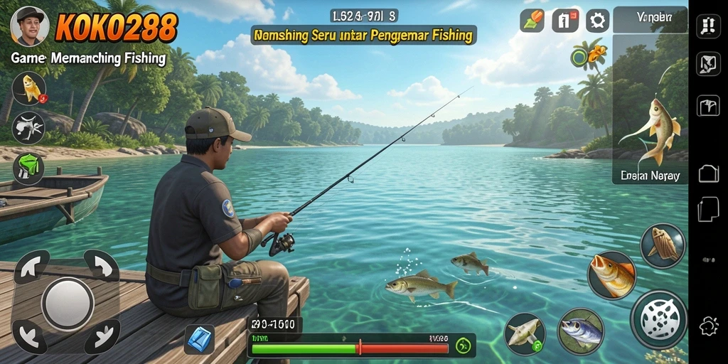 Tampilan gameplay KOKO288 yang menarik dengan berbagai jenis ikan dan lokasi memancing.