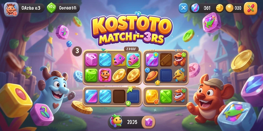 Screenshot gameplay KOSTOTO yang menunjukkan aksi Match-3 yang seru.