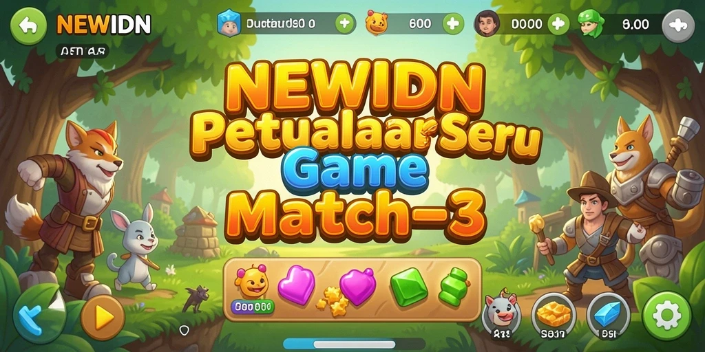 Screenshot gameplay utama NEWIDN, memperlihatkan keseruan mencocokkan permata.