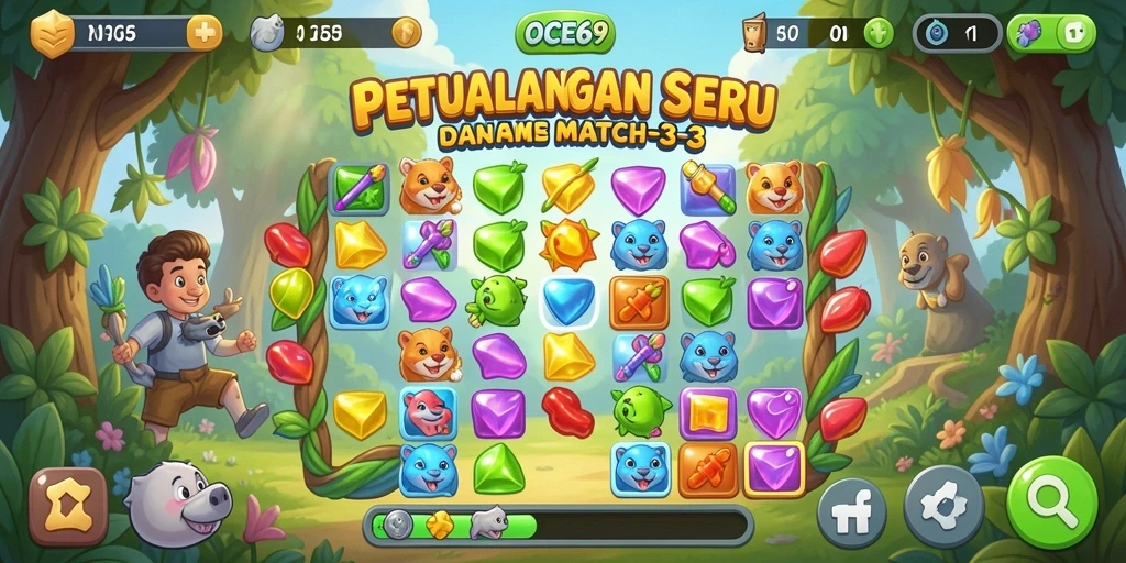Tampilan gameplay OCE69 yang seru dan penuh warna dalam pertarungan Match-3.