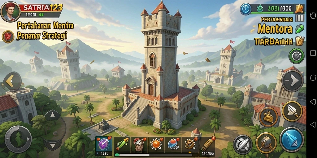 Tangkapan layar utama SATRIA123 menampilkan aksi seru permainan Tower Defense.