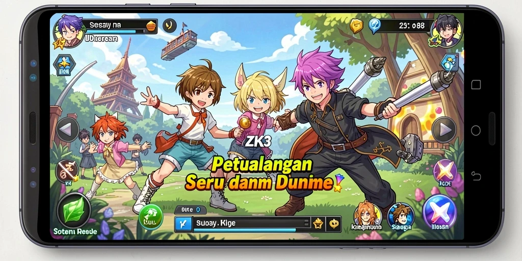 Tampilan gameplay ZK3 yang penuh aksi dan karakter anime yang menarik.